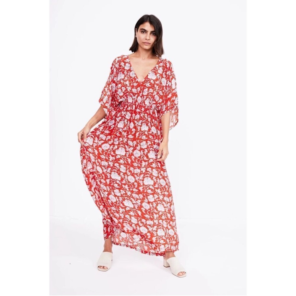 Rujuta Sheth Red Floral Marie Cinched Smocked Kaftan Dress Coverup Red Sz S/M